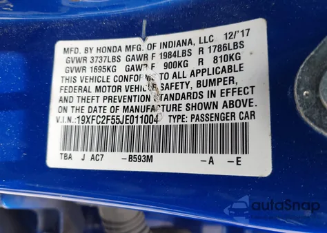 2018 Honda Civic Lx z USA, uszkodzony, nr VIN 19XFC2F55JE011004